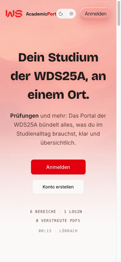 AcademicPortal landing page, WDS25A student portal