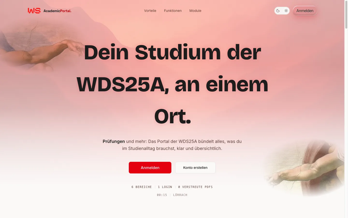 AcademicPortal landing page, WDS25A student portal