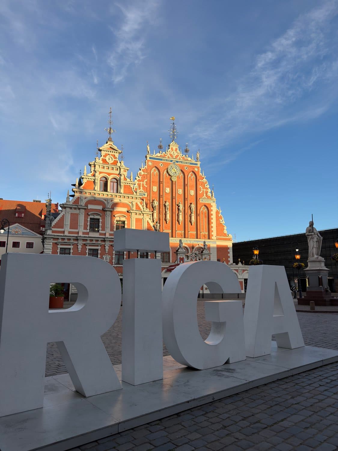 RIGA lettering in front of the House of the Blackheads, Erasmus+ BIP in Latvia